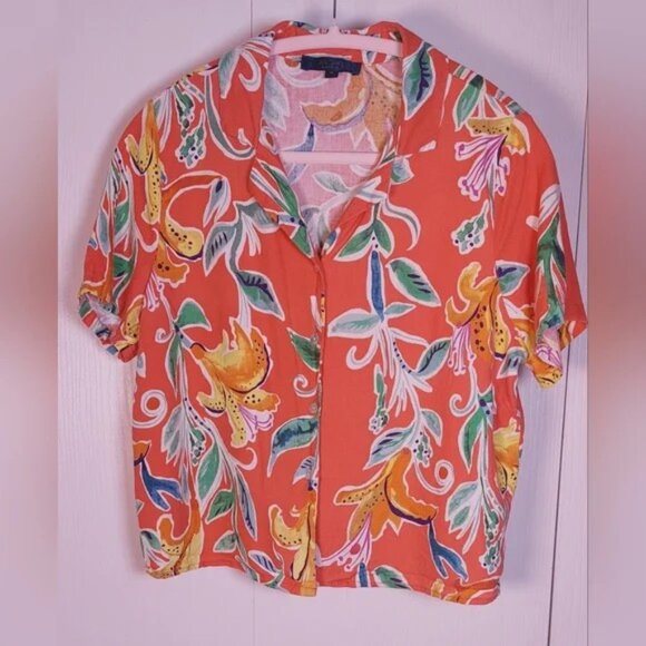 Rachel Roy Colorful Linen Blend Cropped Button Front Blouse Size Medium Tropical - Picture 1 of 2